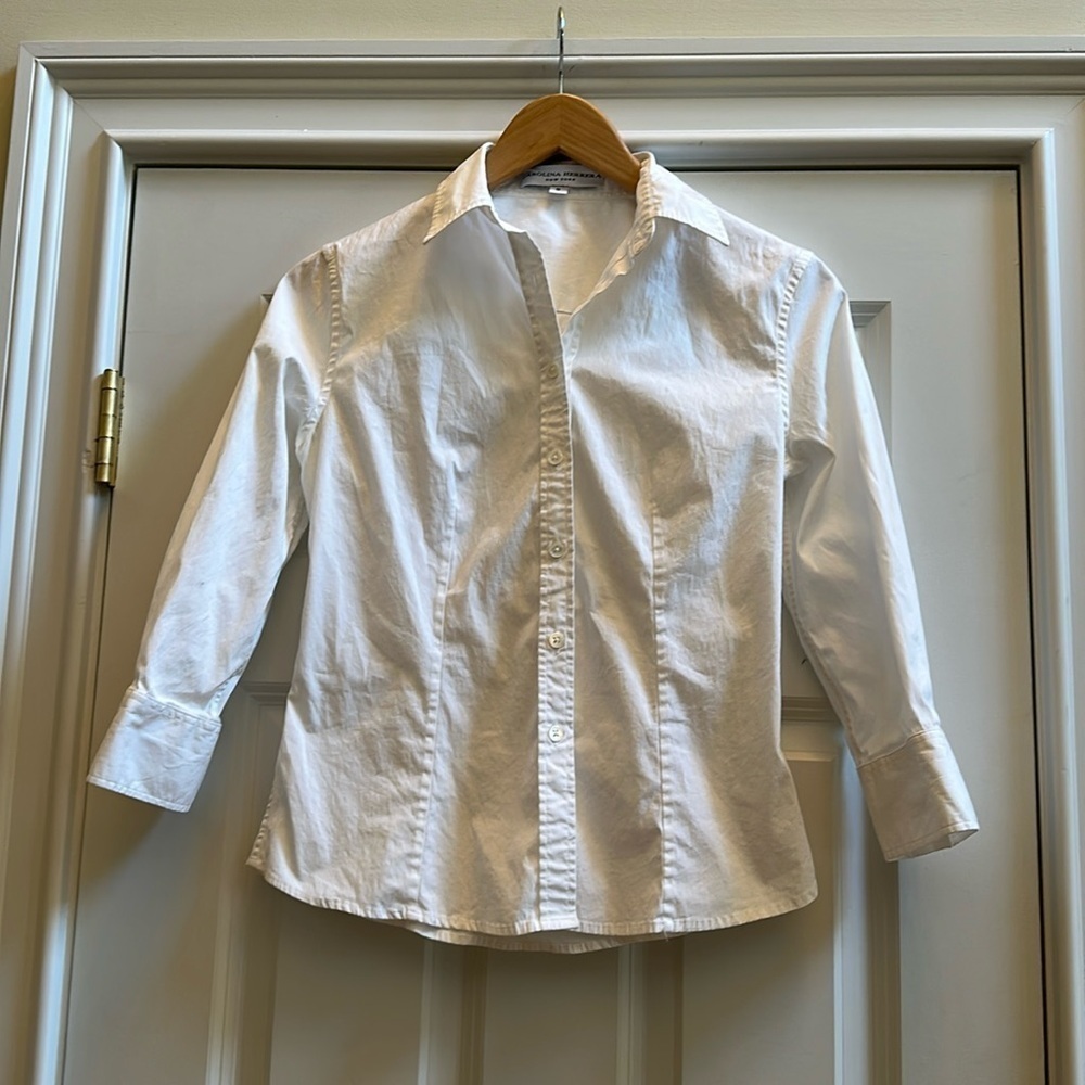 Carolina Herrera white button down shirt 3/4 sleeves Sz0